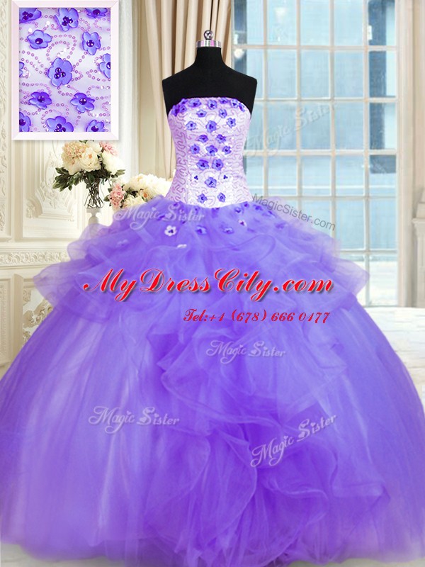 Hot Sale Pick Ups Lavender Sleeveless Tulle Lace Up 15 Quinceanera Dress for Military Ball and Sweet 16 and Quinceanera