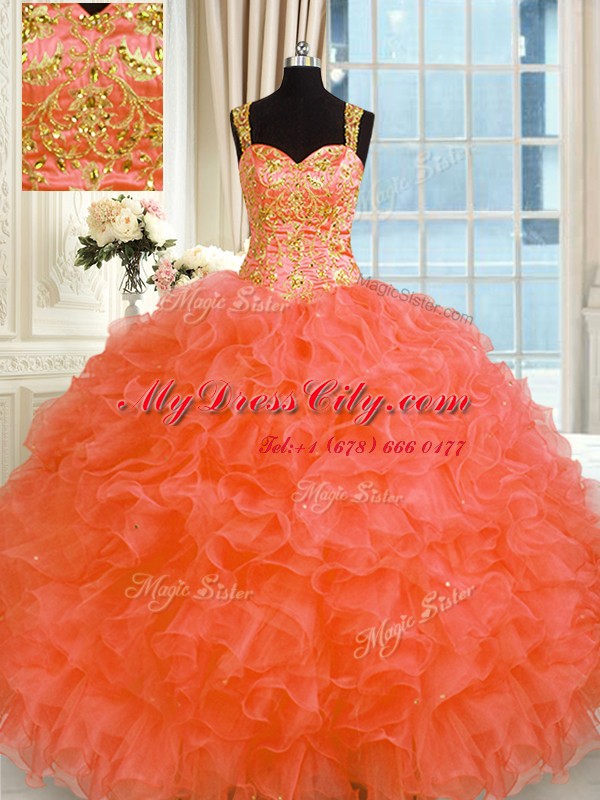 Orange Red Straps Lace Up Embroidery and Ruffles Sweet 16 Dress Sleeveless