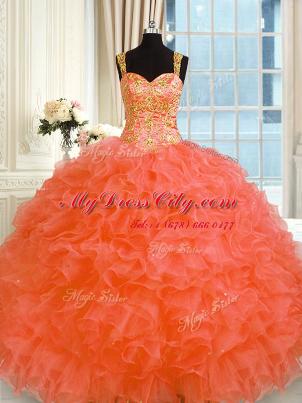 Orange Red Straps Lace Up Embroidery and Ruffles Sweet 16 Dress Sleeveless