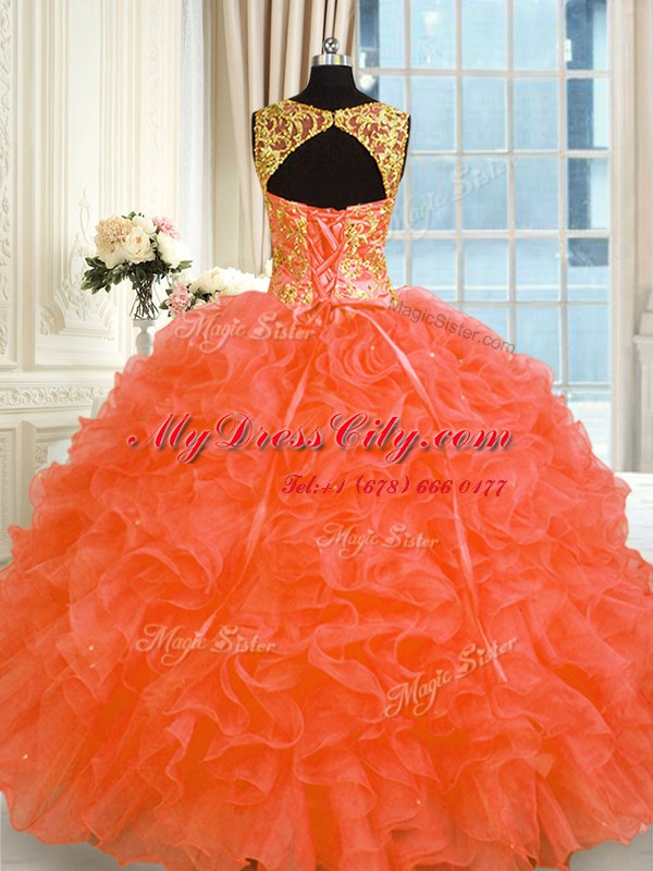 Orange Red Straps Lace Up Embroidery and Ruffles Sweet 16 Dress Sleeveless