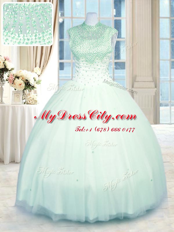 Apple Green Ball Gowns High-neck Sleeveless Tulle Floor Length Zipper Beading Quinceanera Dress