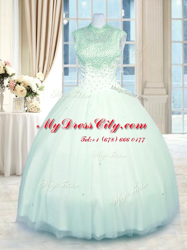 Apple Green Ball Gowns High-neck Sleeveless Tulle Floor Length Zipper Beading Quinceanera Dress