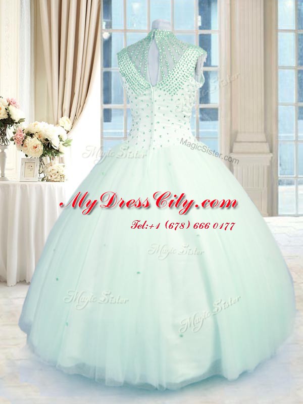 Apple Green Ball Gowns High-neck Sleeveless Tulle Floor Length Zipper Beading Quinceanera Dress