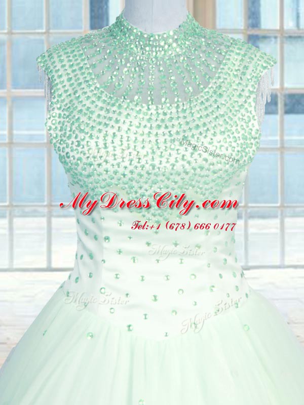 Apple Green Ball Gowns High-neck Sleeveless Tulle Floor Length Zipper Beading Quinceanera Dress