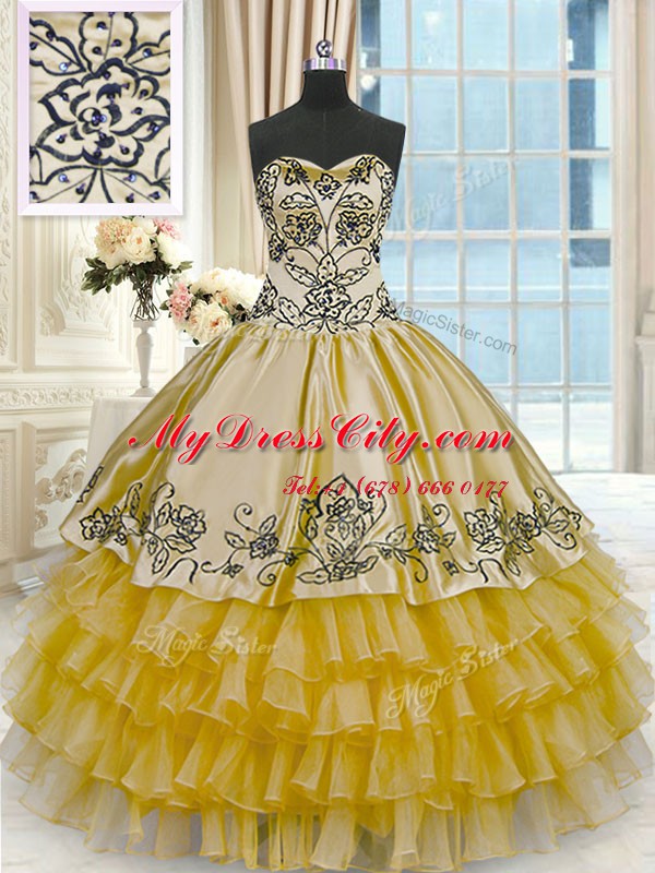 Ruffled Gold Sleeveless Organza and Taffeta Lace Up Quinceanera Dress for Military Ball and Sweet 16 and Quinceanera