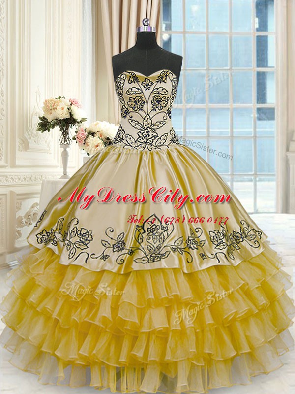 Ruffled Gold Sleeveless Organza and Taffeta Lace Up Quinceanera Dress for Military Ball and Sweet 16 and Quinceanera