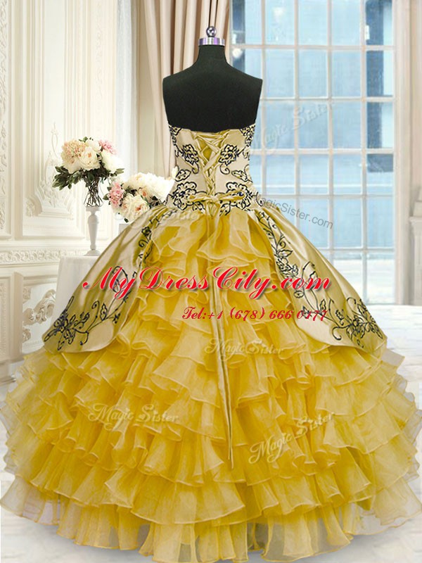 Ruffled Gold Sleeveless Organza and Taffeta Lace Up Quinceanera Dress for Military Ball and Sweet 16 and Quinceanera