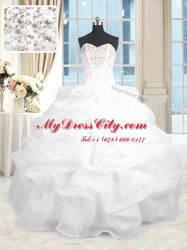 Cute Floor Length Lace Up 15th Birthday Dress White for Military Ball and Sweet 16 and Quinceanera with Beading and Ruffles