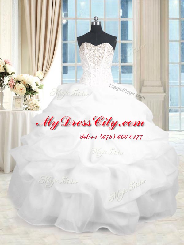 Cute Floor Length Lace Up 15th Birthday Dress White for Military Ball and Sweet 16 and Quinceanera with Beading and Ruffles