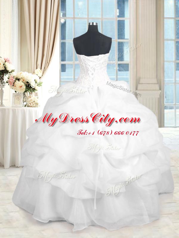 Cute Floor Length Lace Up 15th Birthday Dress White for Military Ball and Sweet 16 and Quinceanera with Beading and Ruffles