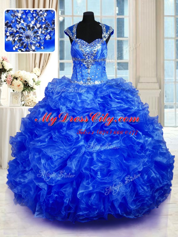 Shining Cap Sleeves Floor Length Beading and Ruffles Lace Up Vestidos de Quinceanera with Royal Blue