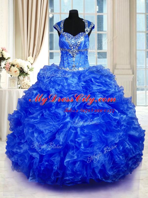 Shining Cap Sleeves Floor Length Beading and Ruffles Lace Up Vestidos de Quinceanera with Royal Blue