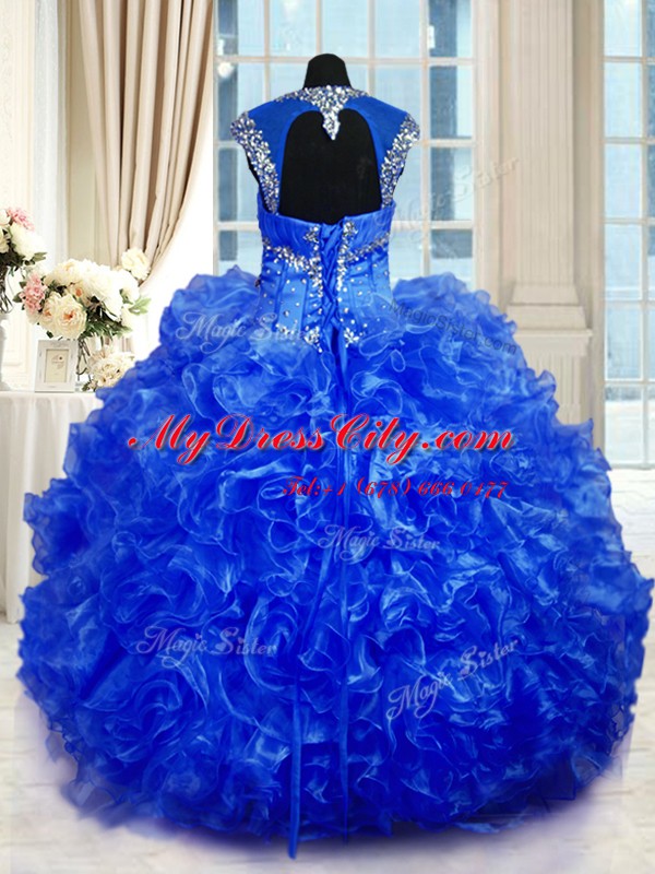 Shining Cap Sleeves Floor Length Beading and Ruffles Lace Up Vestidos de Quinceanera with Royal Blue