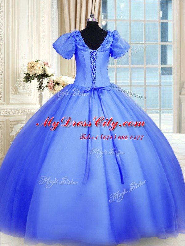 Blue Organza Lace Up Quinceanera Dresses Short Sleeves Floor Length Appliques