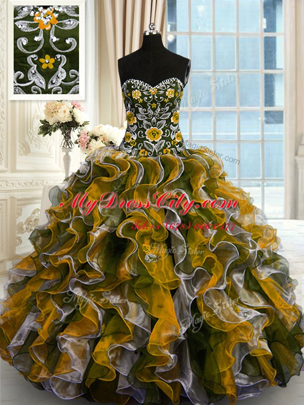 Sweetheart Sleeveless Organza 15th Birthday Dress Beading and Ruffles Lace Up