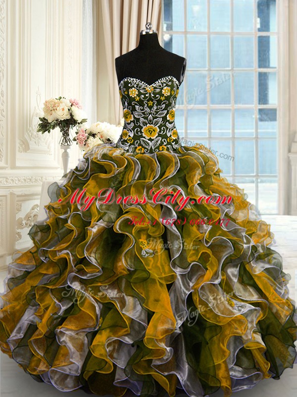 Sweetheart Sleeveless Organza 15th Birthday Dress Beading and Ruffles Lace Up