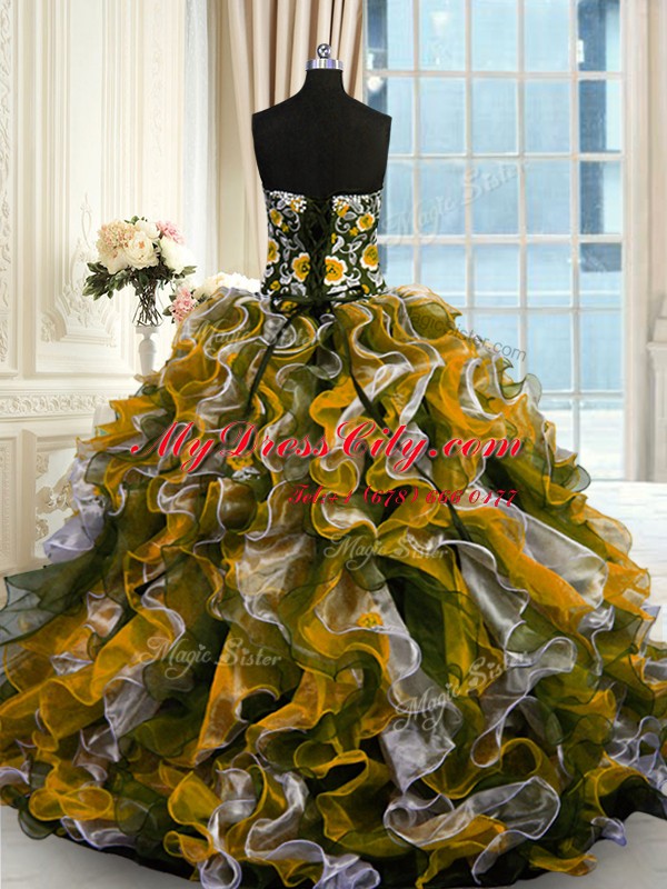 Sweetheart Sleeveless Organza 15th Birthday Dress Beading and Ruffles Lace Up