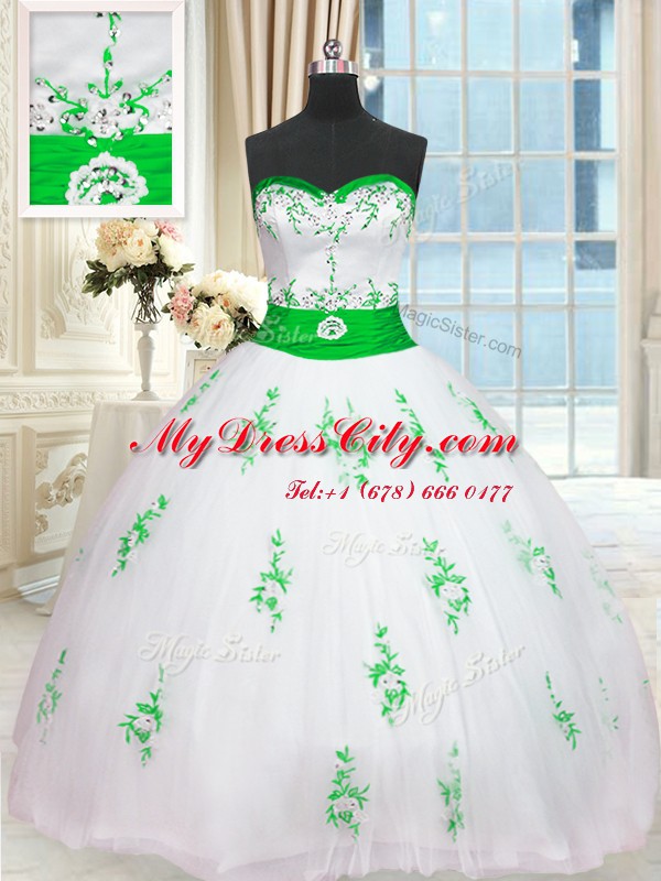 Free and Easy Tulle Sweetheart Sleeveless Lace Up Appliques and Belt Ball Gown Prom Dress in White