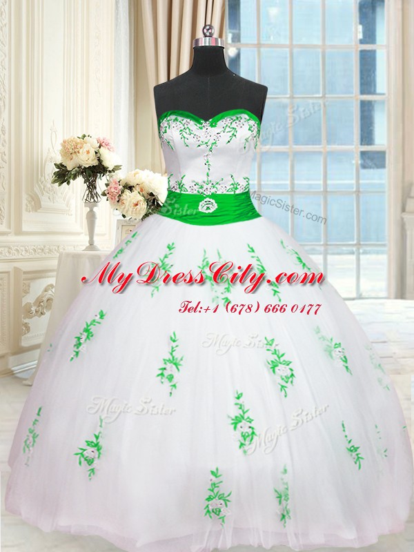 Free and Easy Tulle Sweetheart Sleeveless Lace Up Appliques and Belt Ball Gown Prom Dress in White