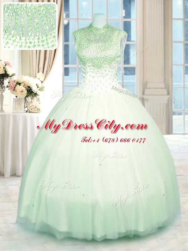 Hot Sale Apple Green High-neck Neckline Beading Quinceanera Gowns Sleeveless Zipper