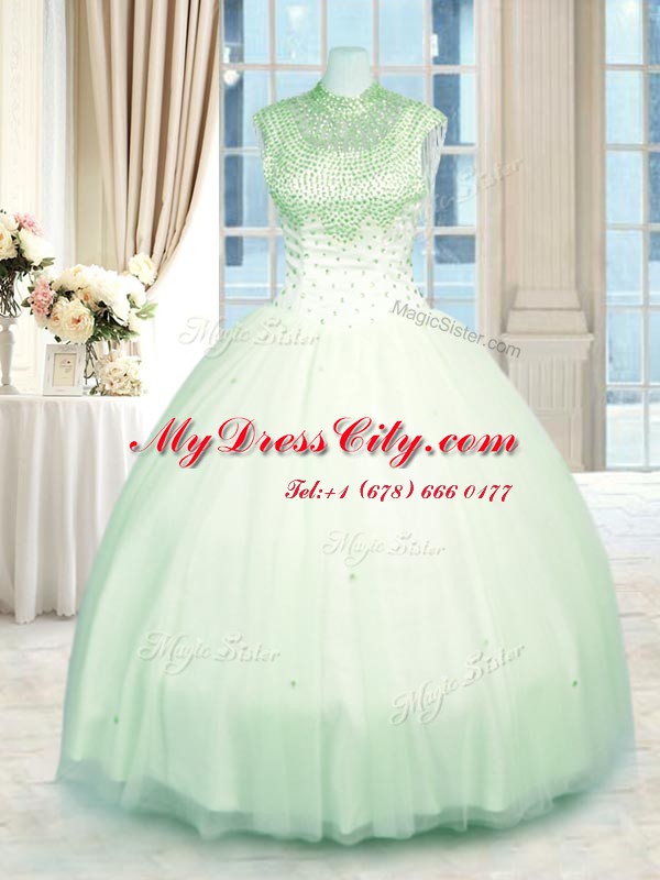 Hot Sale Apple Green High-neck Neckline Beading Quinceanera Gowns Sleeveless Zipper