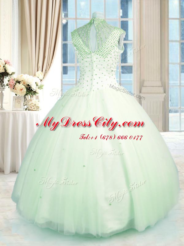 Hot Sale Apple Green High-neck Neckline Beading Quinceanera Gowns Sleeveless Zipper