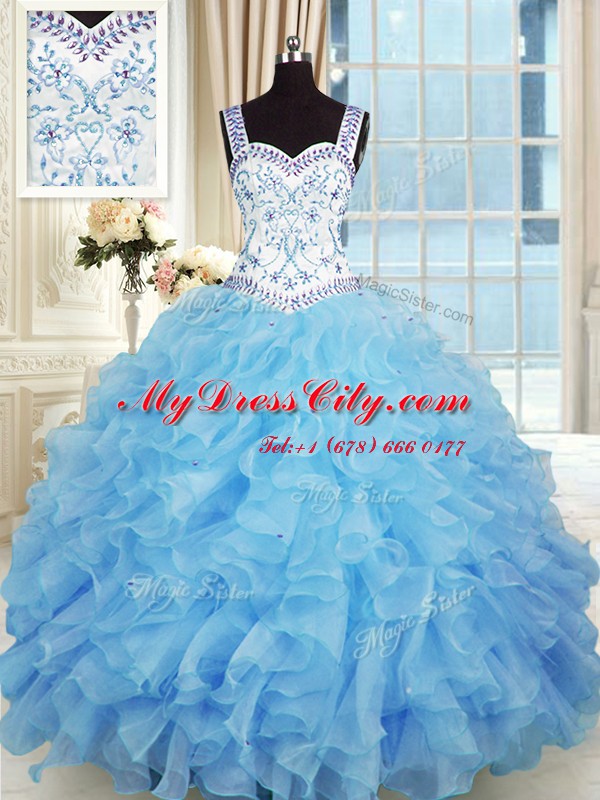 Captivating Beading and Appliques and Ruffles Sweet 16 Dress Baby Blue Lace Up Sleeveless Floor Length