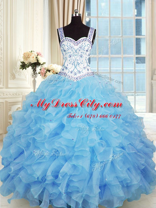 Captivating Beading and Appliques and Ruffles Sweet 16 Dress Baby Blue Lace Up Sleeveless Floor Length