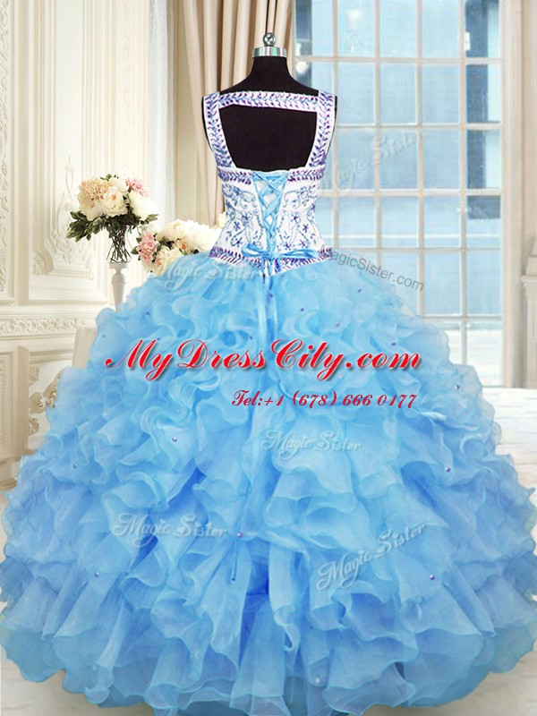 Captivating Beading and Appliques and Ruffles Sweet 16 Dress Baby Blue Lace Up Sleeveless Floor Length