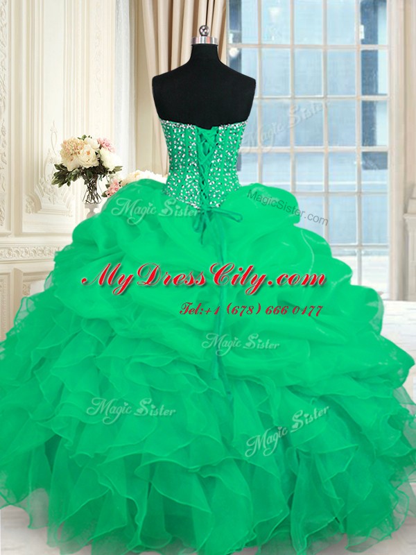 Chic Beading and Ruffles 15th Birthday Dress Turquoise Lace Up Sleeveless Floor Length