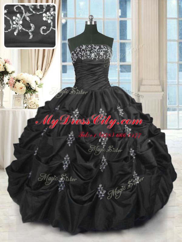 Artistic Floor Length Lace Up Quince Ball Gowns Black for Military Ball and Sweet 16 and Quinceanera with Beading and Lace and Appliques and Pick Ups