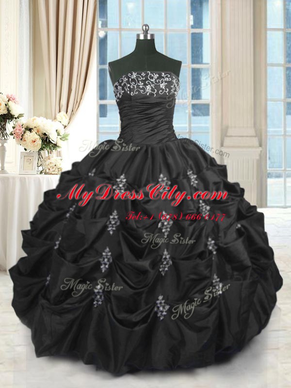 Artistic Floor Length Lace Up Quince Ball Gowns Black for Military Ball and Sweet 16 and Quinceanera with Beading and Lace and Appliques and Pick Ups