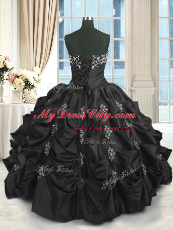 Artistic Floor Length Lace Up Quince Ball Gowns Black for Military Ball and Sweet 16 and Quinceanera with Beading and Lace and Appliques and Pick Ups