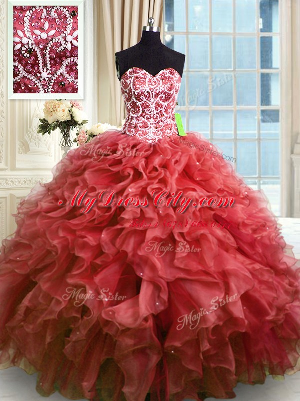 Inexpensive Floor Length Wine Red Vestidos de Quinceanera Sweetheart Sleeveless Lace Up