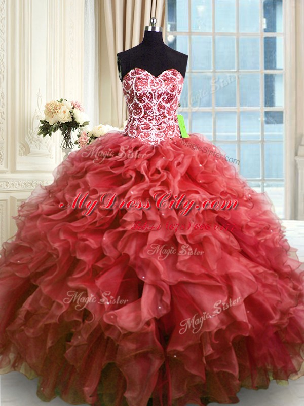 Inexpensive Floor Length Wine Red Vestidos de Quinceanera Sweetheart Sleeveless Lace Up