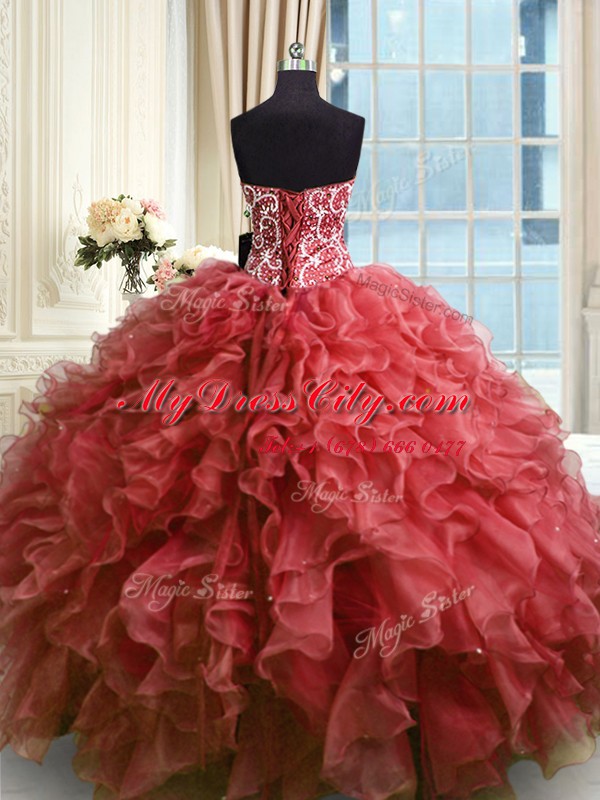 Inexpensive Floor Length Wine Red Vestidos de Quinceanera Sweetheart Sleeveless Lace Up