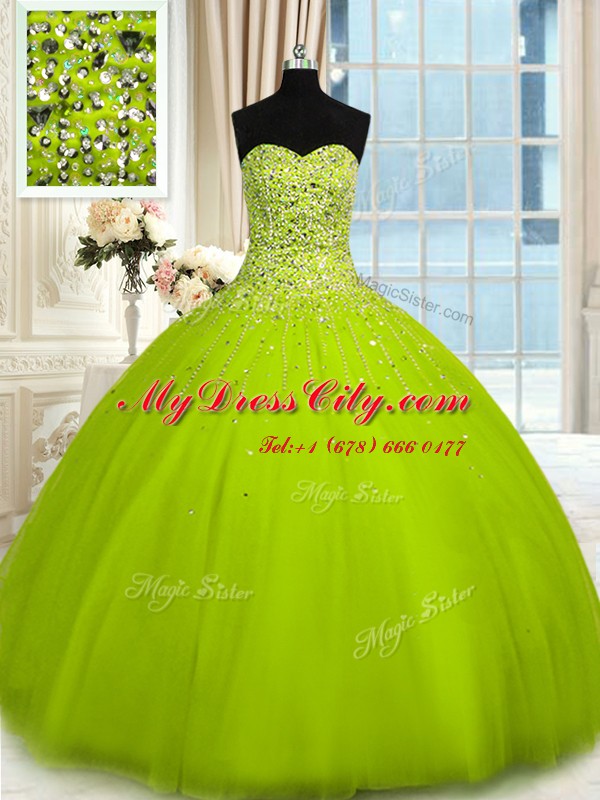 Designer Olive Green Ball Gowns Tulle Sweetheart Sleeveless Beading Floor Length Lace Up Quinceanera Gowns