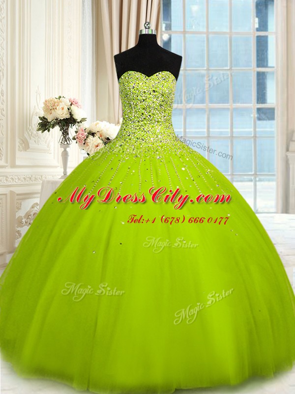 Designer Olive Green Ball Gowns Tulle Sweetheart Sleeveless Beading Floor Length Lace Up Quinceanera Gowns