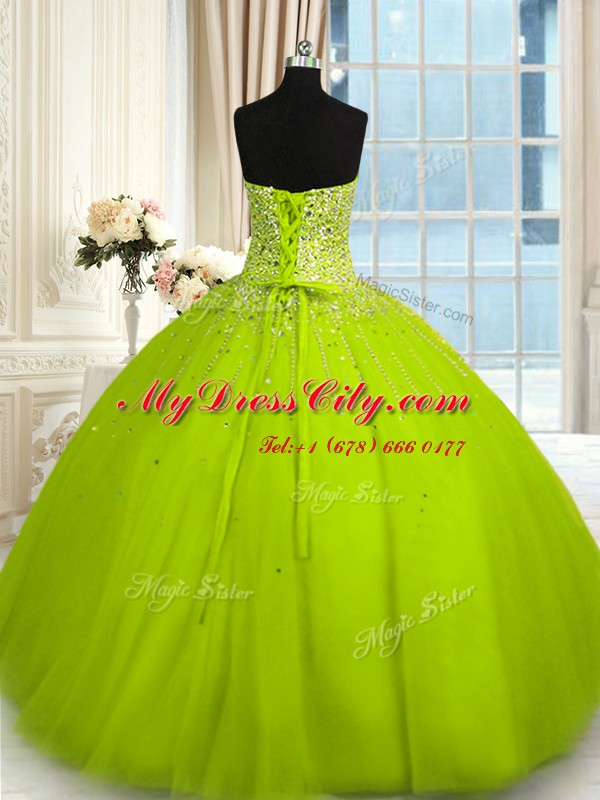 Designer Olive Green Ball Gowns Tulle Sweetheart Sleeveless Beading Floor Length Lace Up Quinceanera Gowns