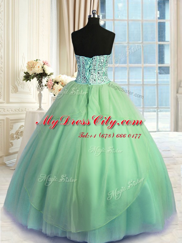 Turquoise Organza Lace Up Quinceanera Dresses Sleeveless Floor Length Beading and Ruching