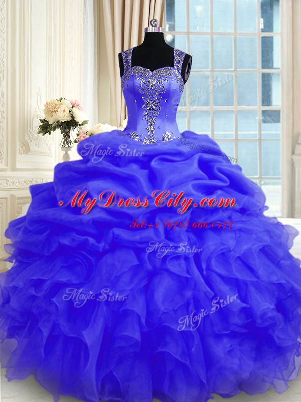 Sleeveless Organza Floor Length Zipper Quinceanera Dresses in Purple with Beading and Ruffles