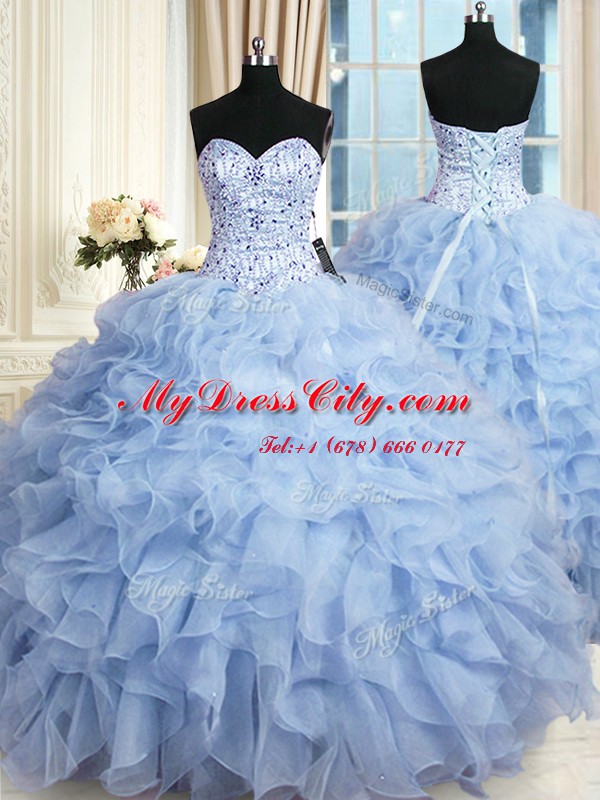 High Class Sweetheart Sleeveless Lace Up Quinceanera Dresses Light Blue Organza