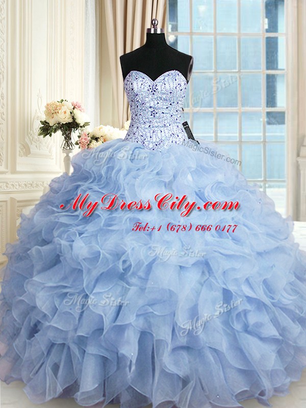 High Class Sweetheart Sleeveless Lace Up Quinceanera Dresses Light Blue Organza