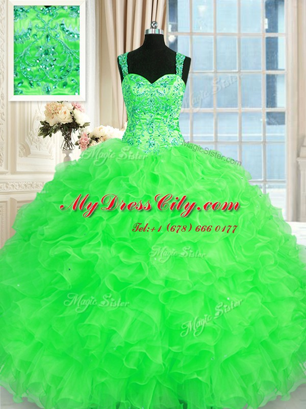 Enchanting Sleeveless Organza Floor Length Lace Up Quince Ball Gowns in with Beading and Embroidery and Ruffles