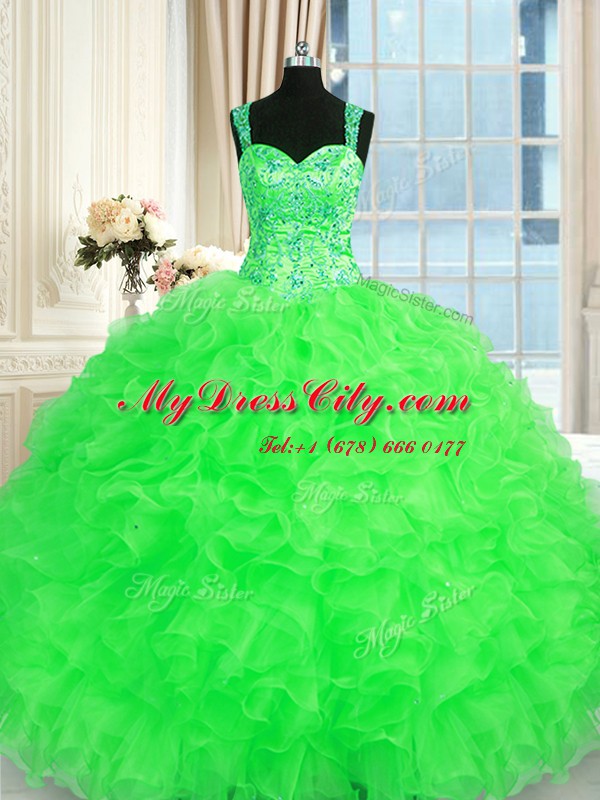 Enchanting Sleeveless Organza Floor Length Lace Up Quince Ball Gowns in with Beading and Embroidery and Ruffles