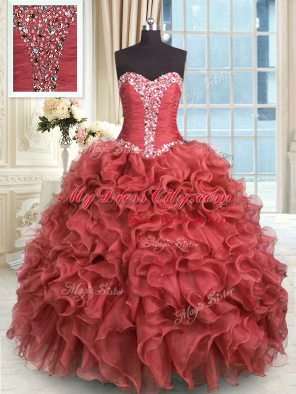 Rust Red 15th Birthday Dress Military Ball and Sweet 16 and Quinceanera and For with Beading and Ruffles Sweetheart Sleeveless Lace Up