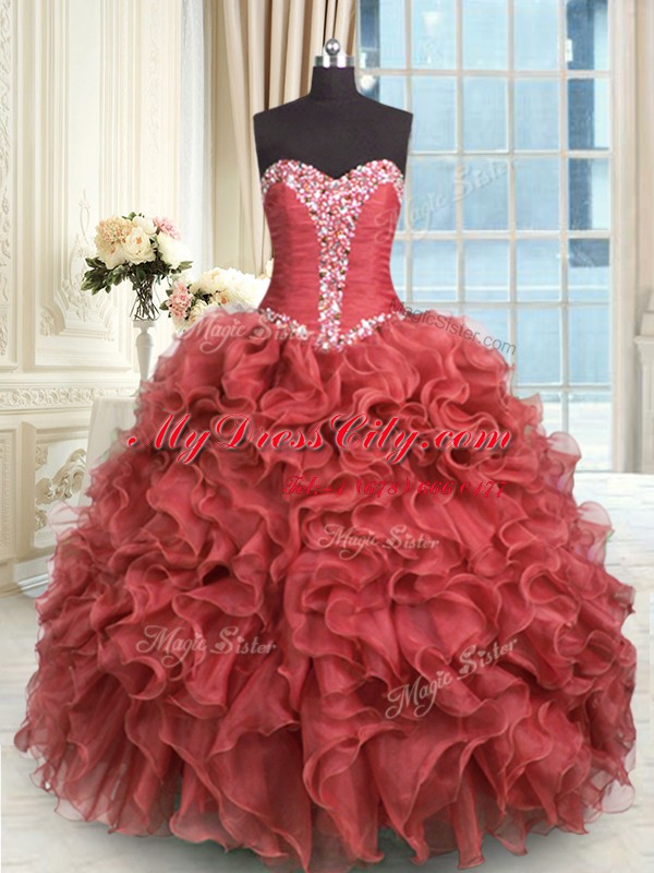 Rust Red 15th Birthday Dress Military Ball and Sweet 16 and Quinceanera and For with Beading and Ruffles Sweetheart Sleeveless Lace Up