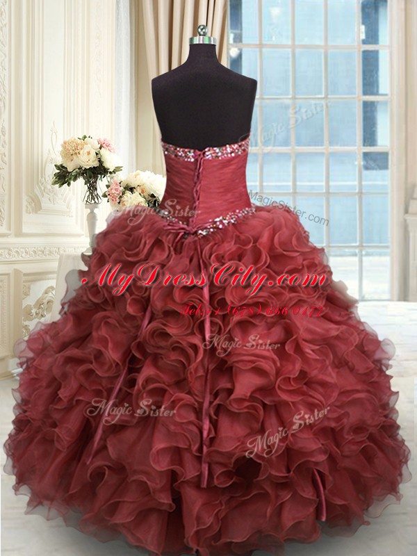 Rust Red 15th Birthday Dress Military Ball and Sweet 16 and Quinceanera and For with Beading and Ruffles Sweetheart Sleeveless Lace Up