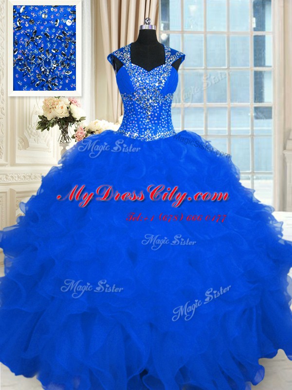 Lovely Royal Blue Organza Lace Up Quinceanera Dress Cap Sleeves Floor Length Beading and Ruffles