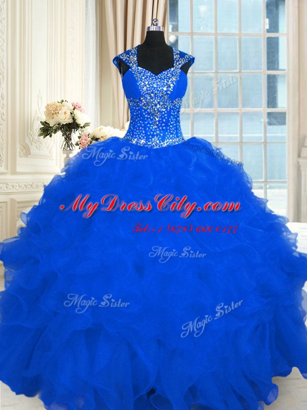 Lovely Royal Blue Organza Lace Up Quinceanera Dress Cap Sleeves Floor Length Beading and Ruffles